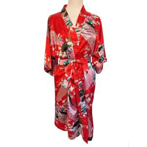 Golden Dragon Red Peacock Asain 100% Pure Silk Belted Robe Size S-L